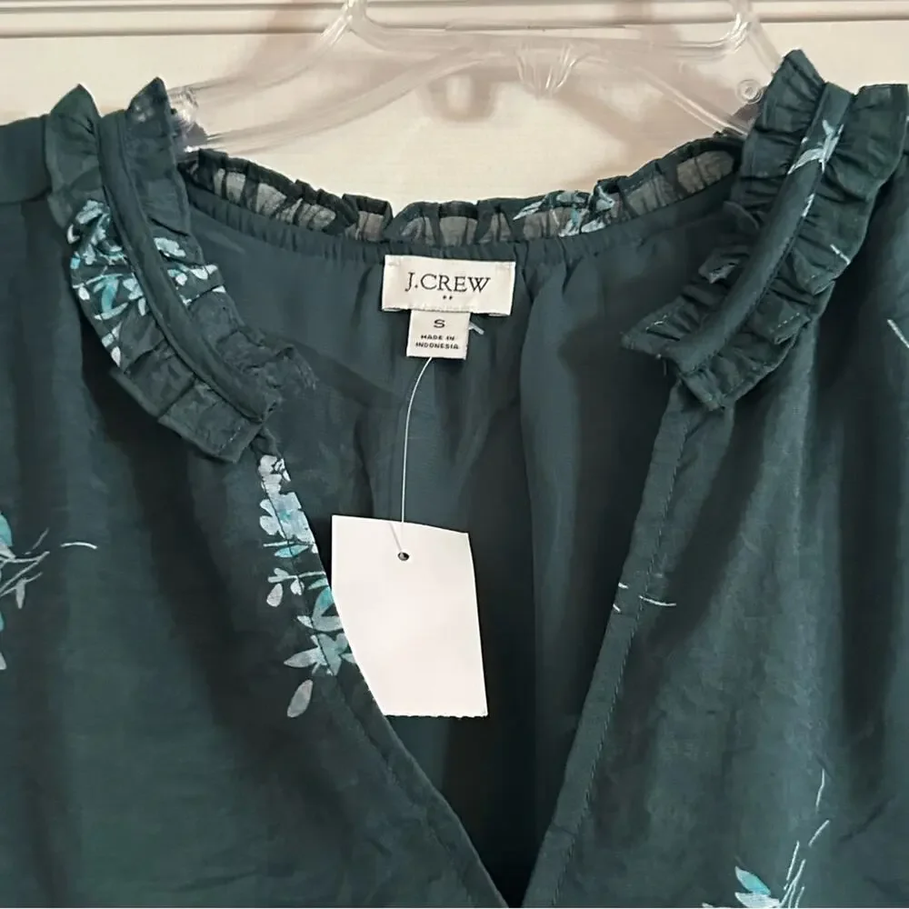 NWT J CREW Green Floral Ruffle Collar Long Sleeve Lined Top BK428 Shirt SMALL